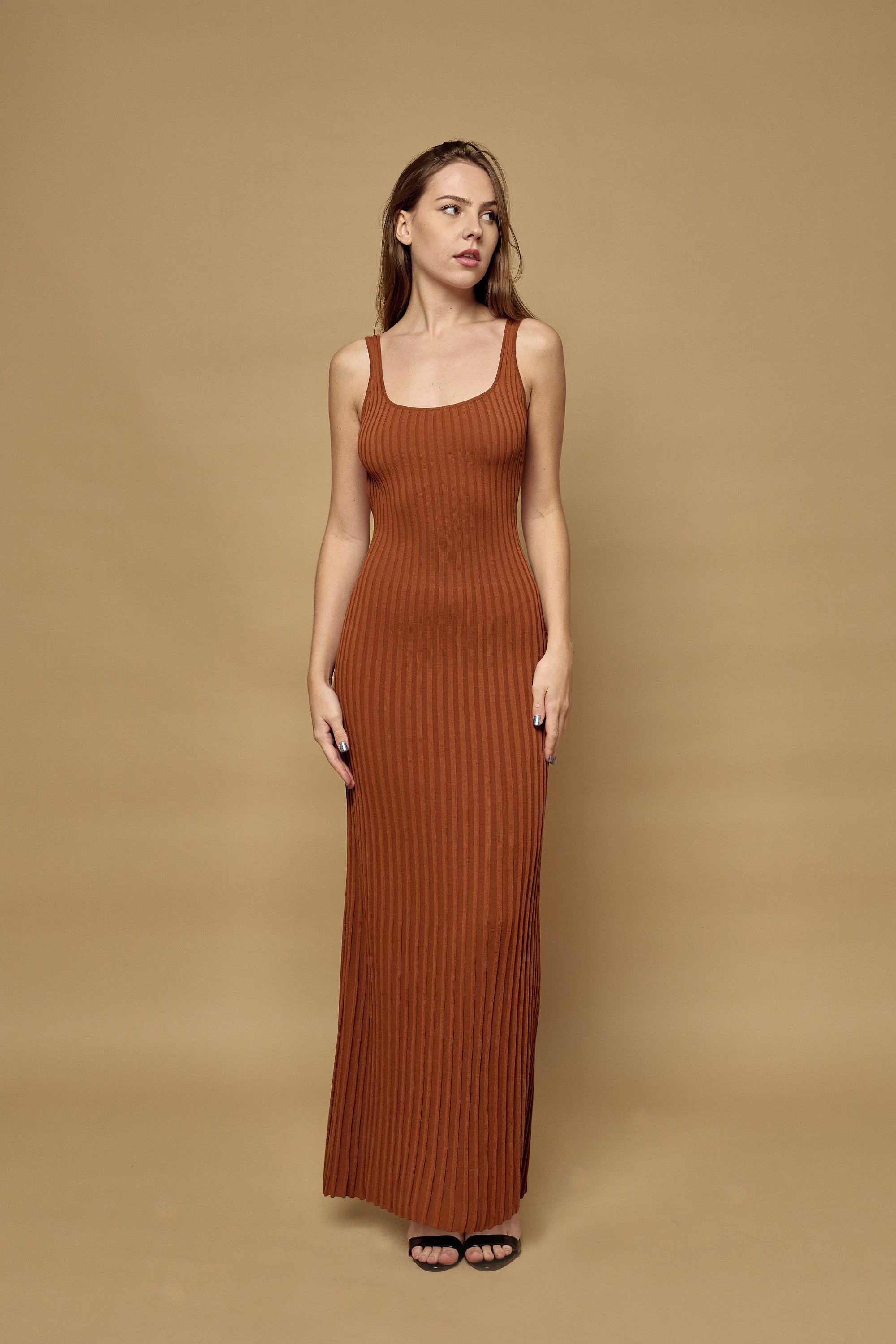 Borrow-Me Ribbed Bodycon Dress in Brown