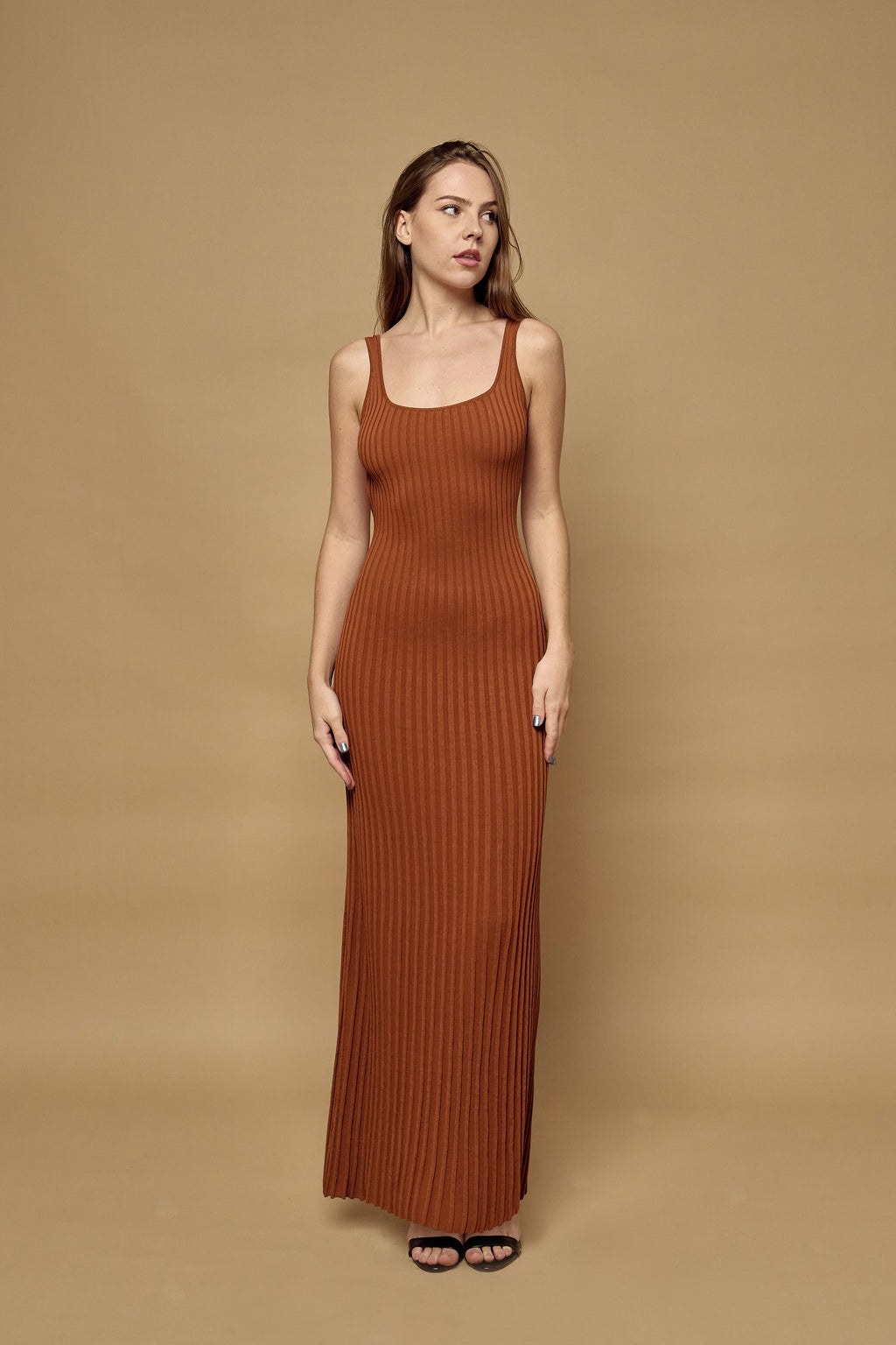 Azayya Borrow-Me ribbed bodycon dress in brown, worn by a model