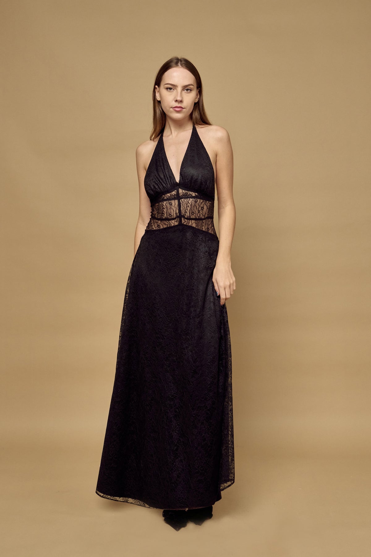 Azayya Lovely-Lace halter lace maxi dress, worn by a model