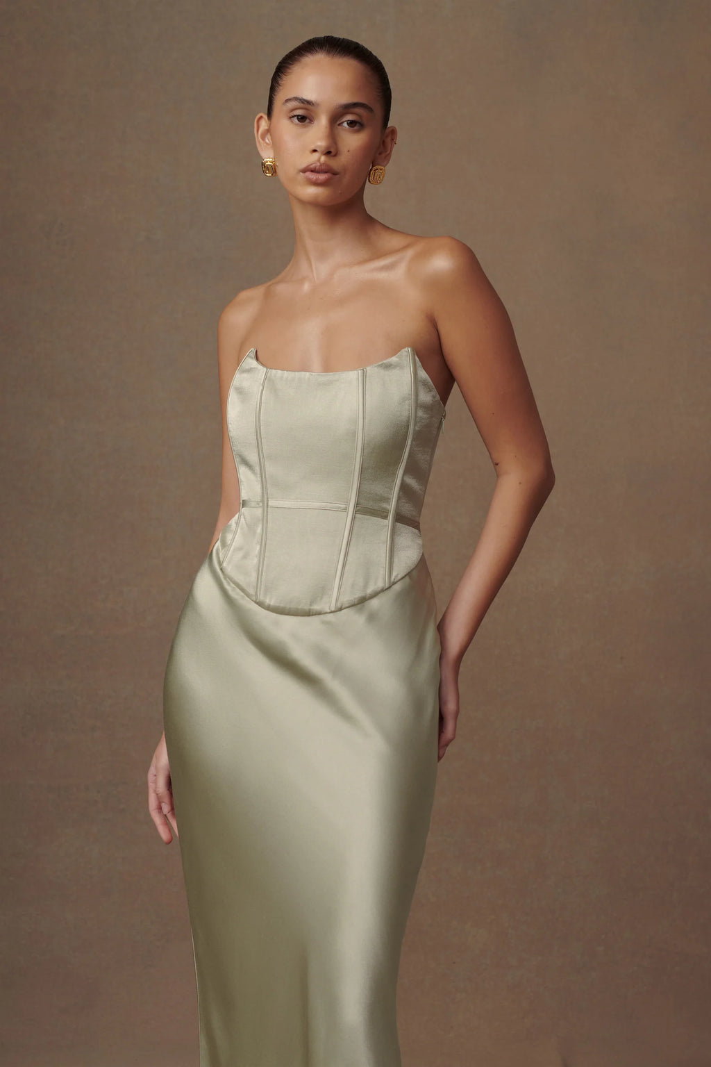 Satin Strapless Maxi Dress - Sage
