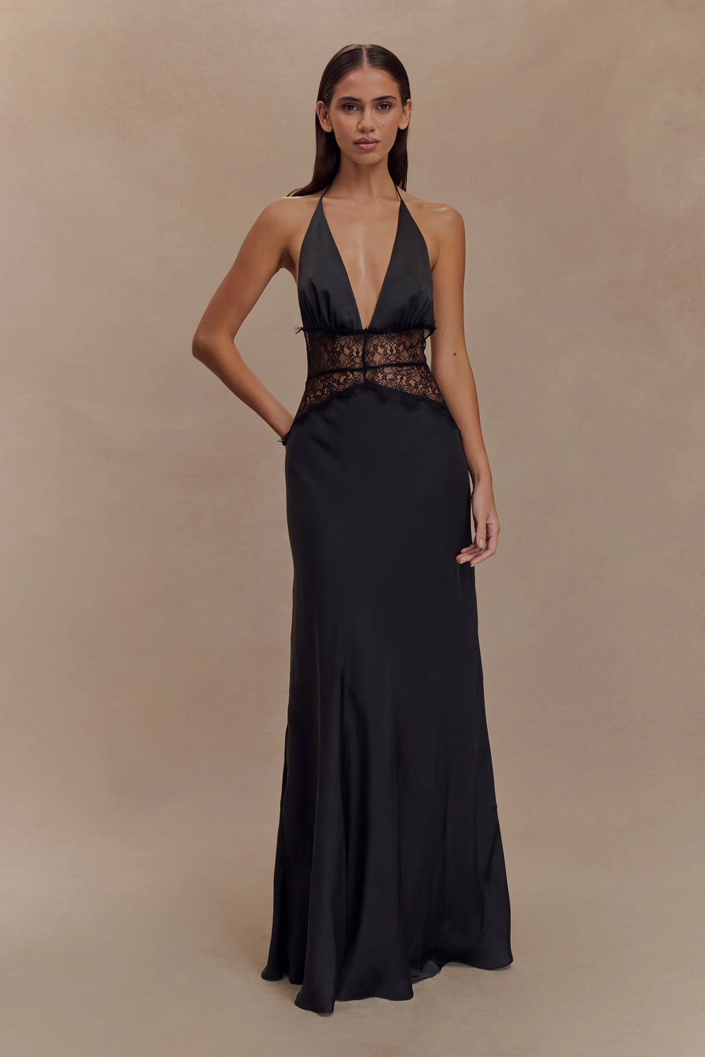 Lace And Satin Maxi Dress - Black