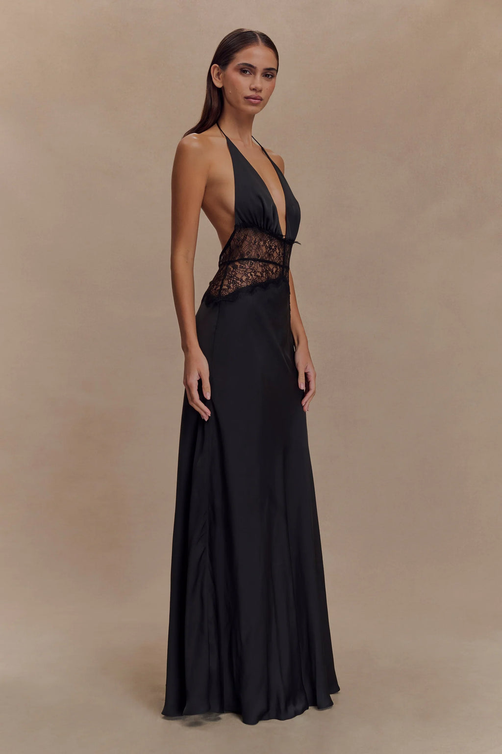 Lace And Satin Maxi Dress - Black