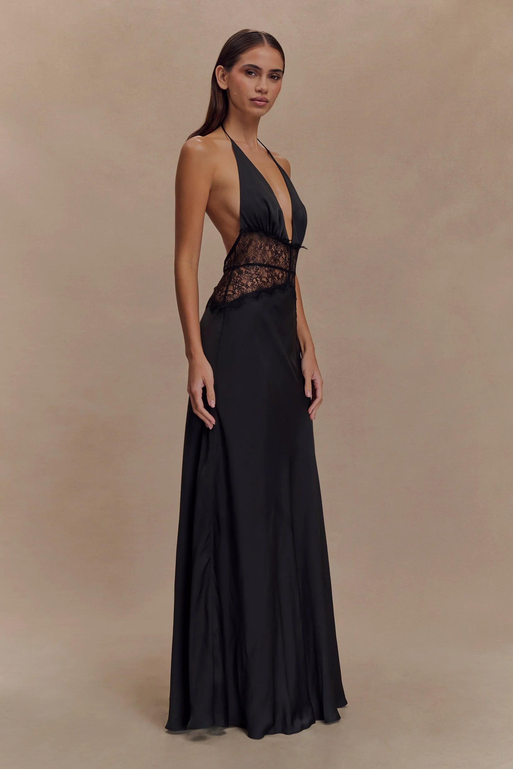Lace And Satin Maxi Dress - Black