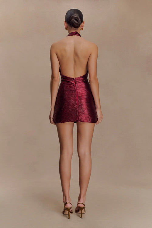 Beaded Halter Mini Dress - Burgundy