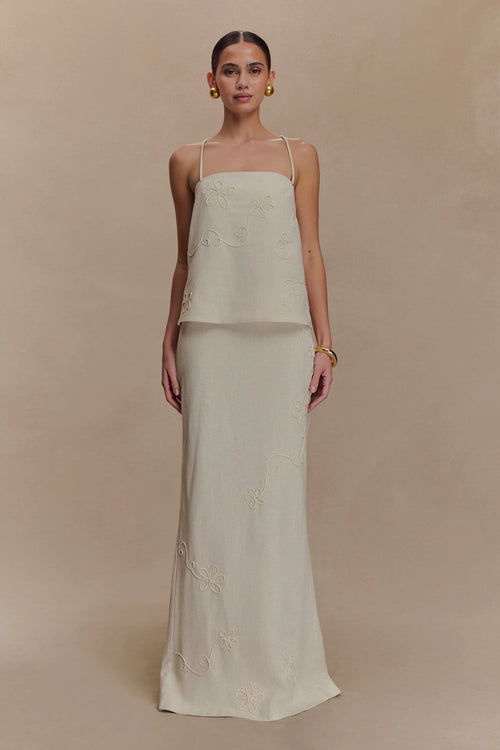 Linen Embroidered Maxi Skirt - Natural