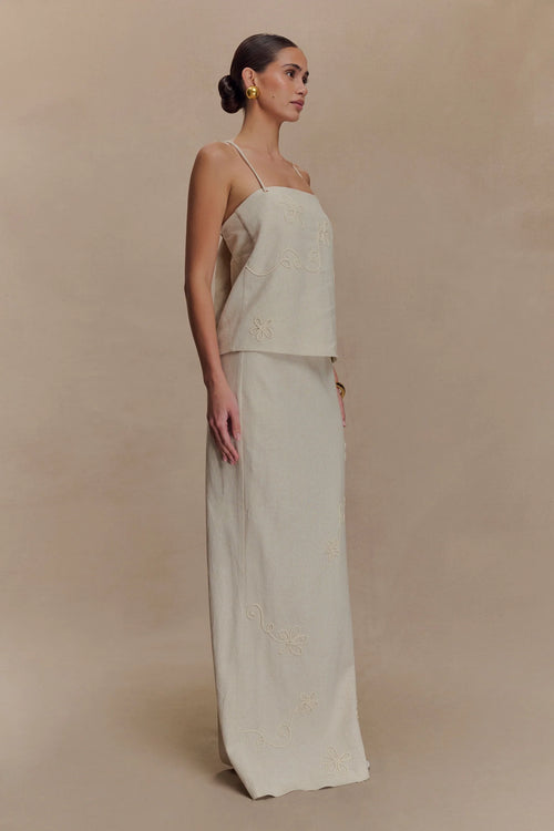 Linen Embroidered Maxi Skirt - Natural