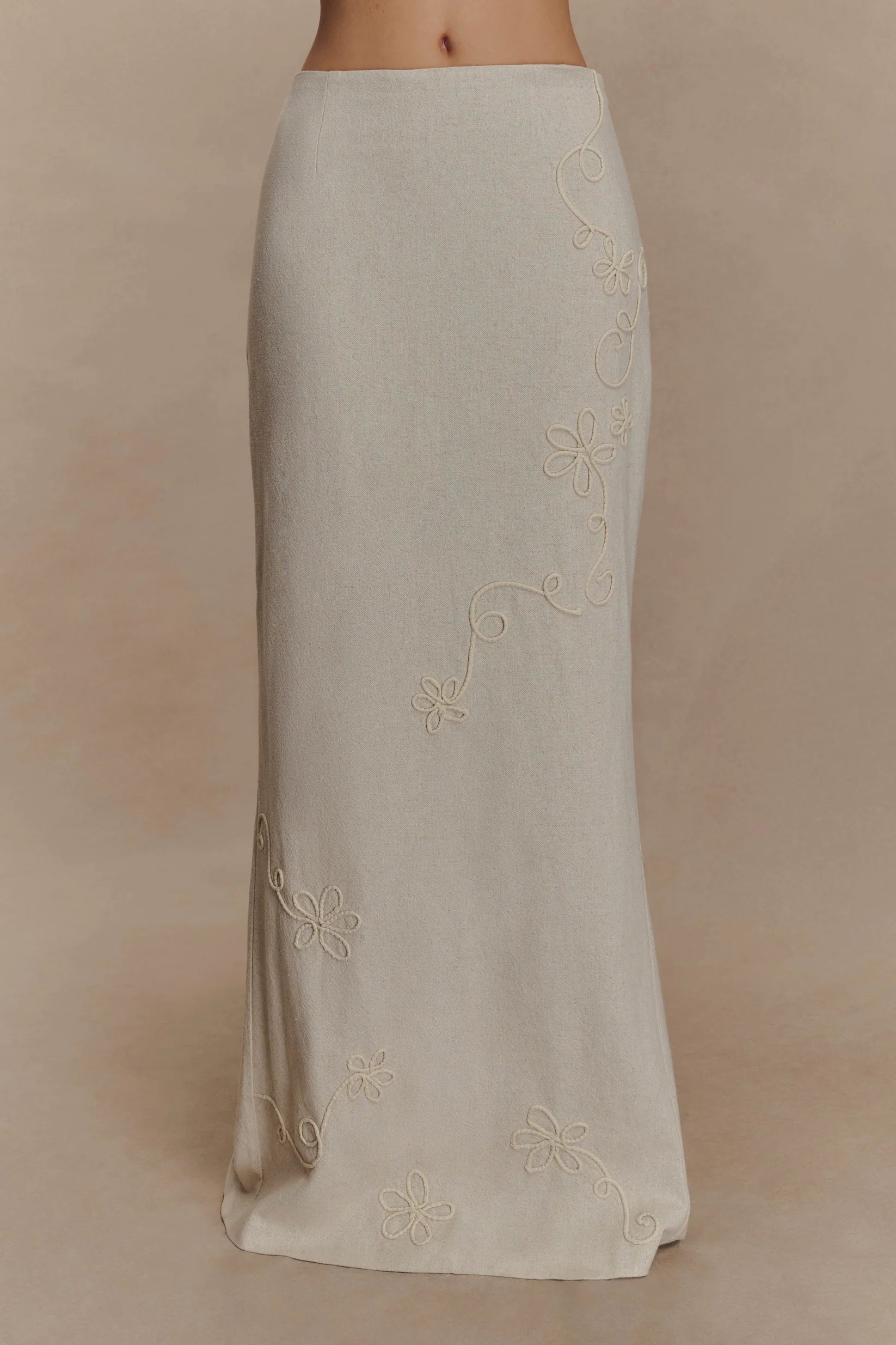 Linen Embroidered Maxi Skirt - Natural