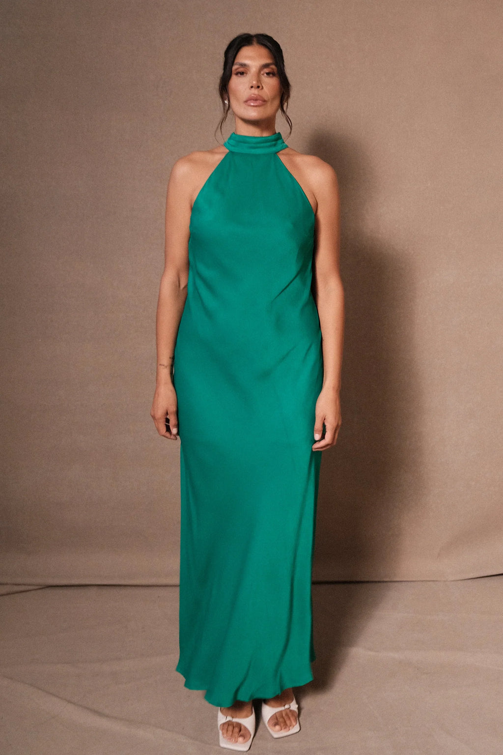 Satin Drape Back Maxi Dress with Split - Green