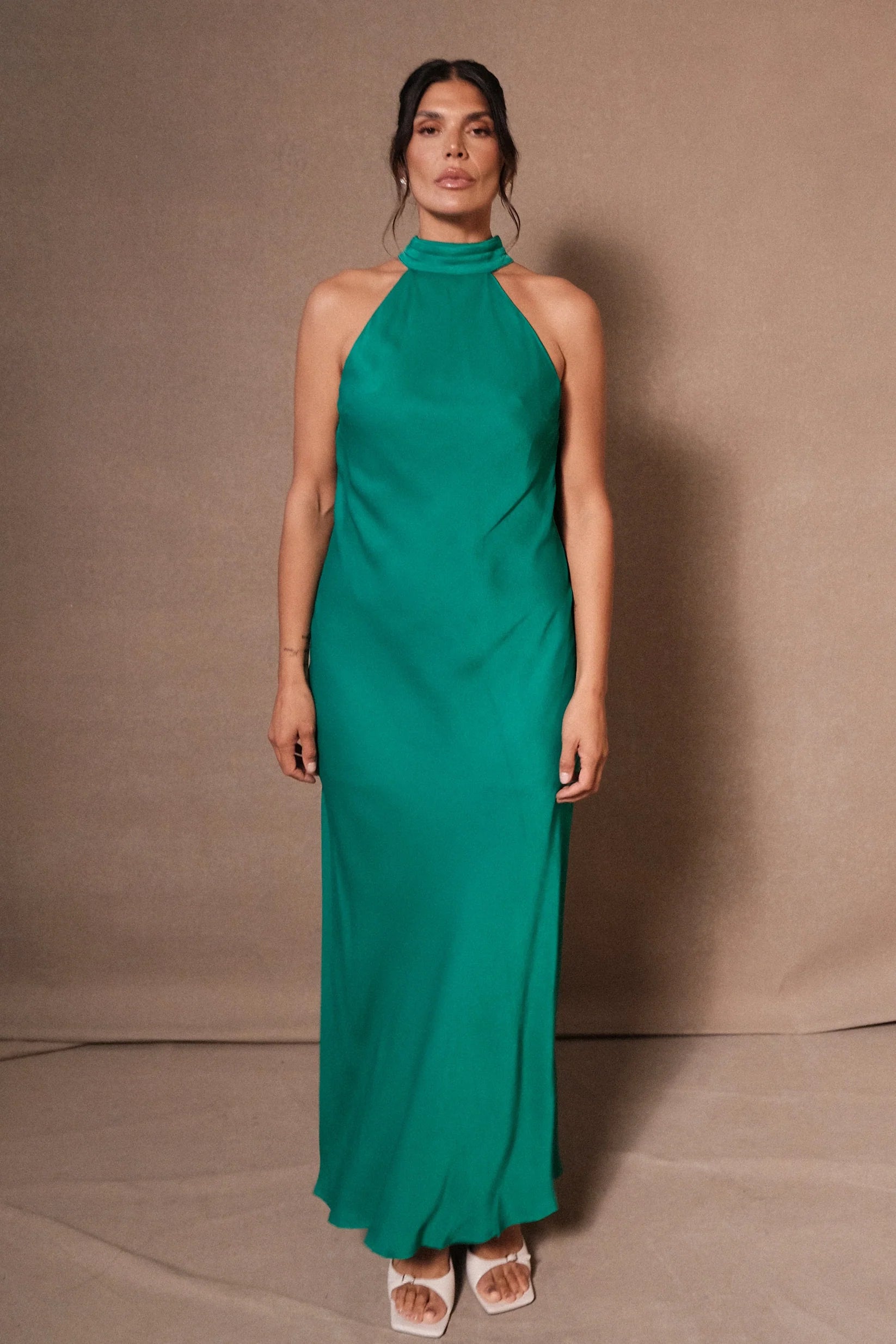 Satin Drape Back Maxi Dress with Split - Green