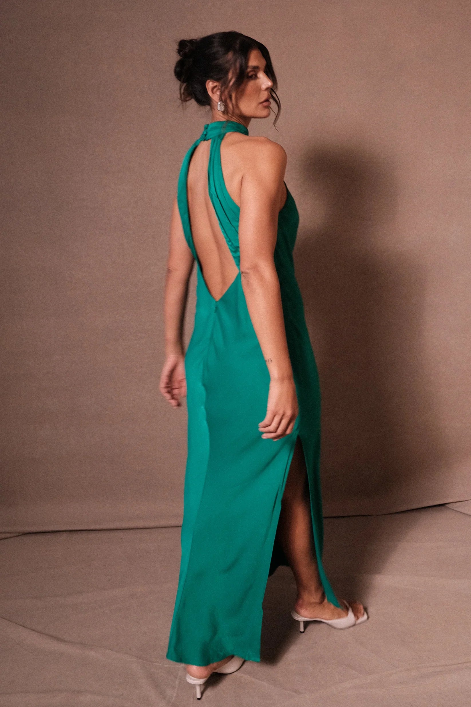 Satin Drape Back Maxi Dress with Split - Green
