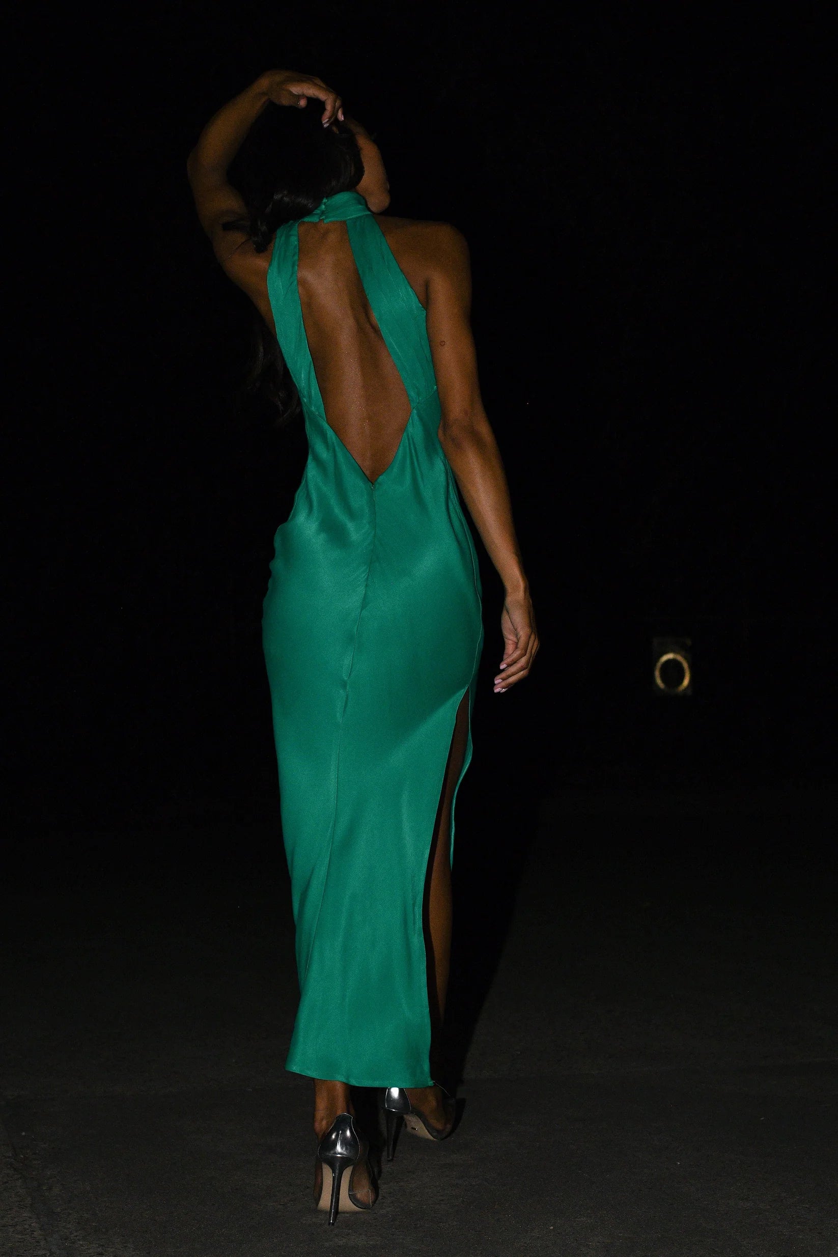 Satin Drape Back Maxi Dress with Split - Green