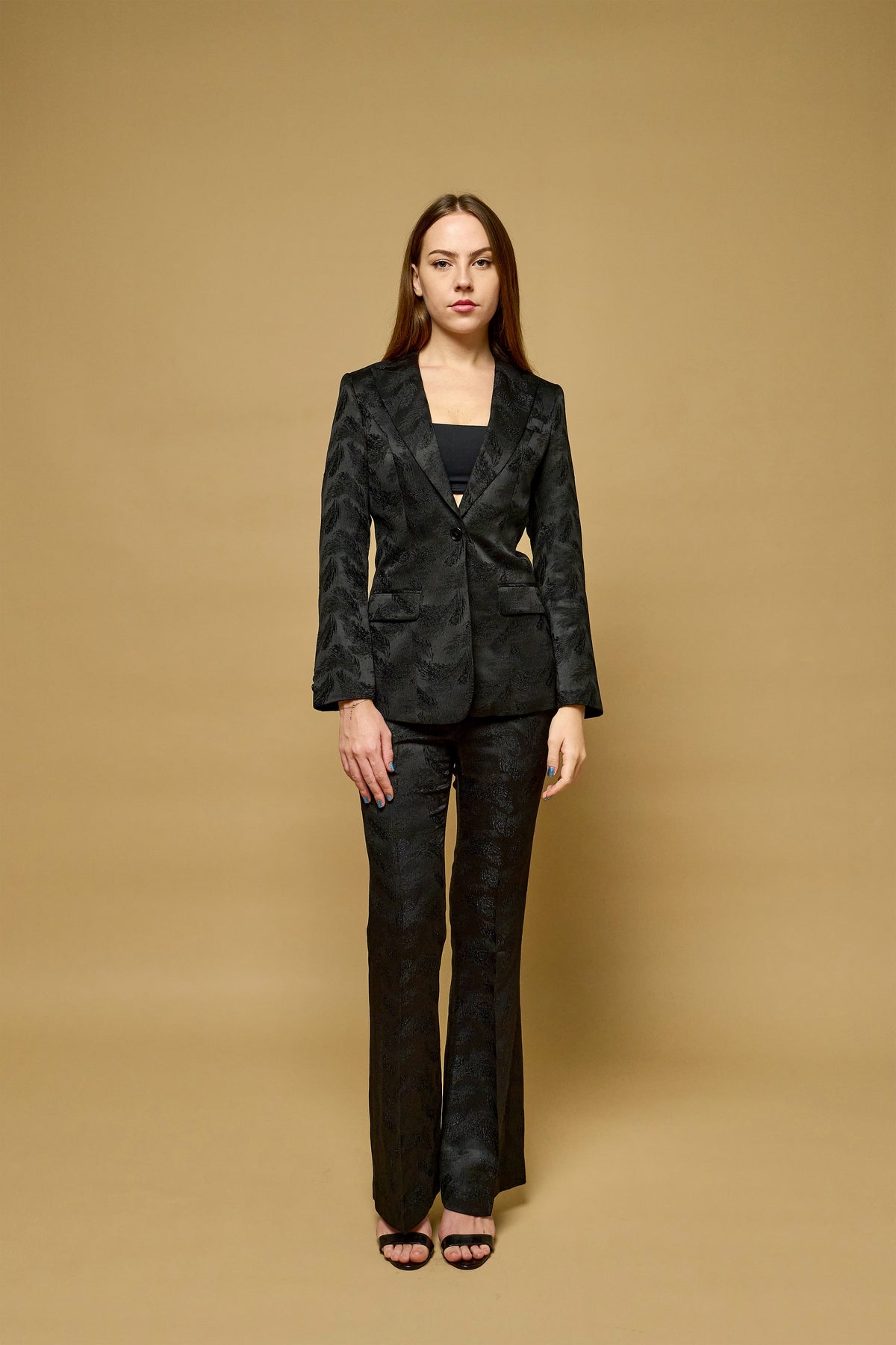 Azayya Flo Blazer in black, structured tailored blazer worn by a model
