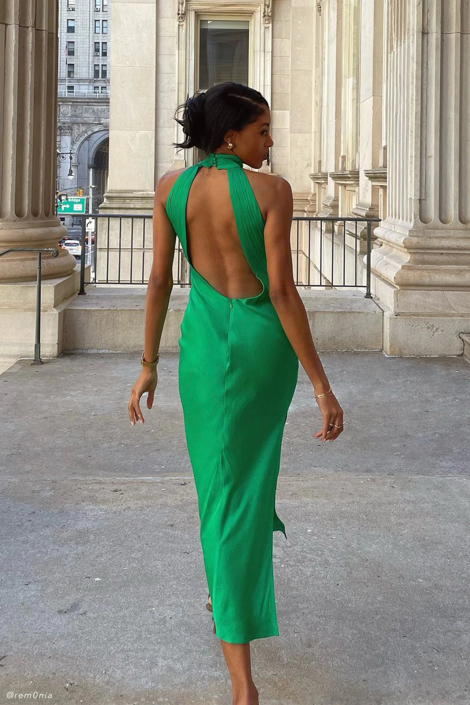 Satin Drape Back Maxi Dress with Split - Green